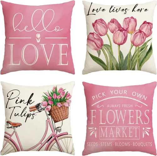 AVOIN colorlife Hello Love - Juego de 4 fundas de almohada para bicicleta, diseño de tulipanes rosados, 16 x 16 pulgadas, diseño de flores de