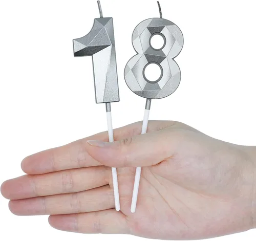 Miniatura 5 de Velas de cumpleaños número 16 y 61 para tartas, velas plateadas con forma de diamante 3D, decoración de cumpleaños, suministros de fiesta para Plata
