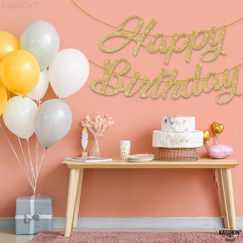Miniatura 9 de KatchOn, Cartel de feliz cumpleaños dorado con purpurina – 10 pies, pre-encordado Letrero dorado de feliz cumpleaños para decoraciones doradas