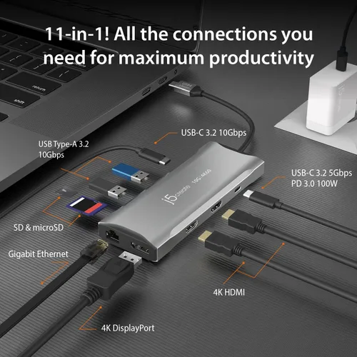 Miniatura 2 de j5create Concentrador de pantalla triple USB C 4K - 4K HDMI x2, 4K DP, 2 USB-A y USB-C 10Gbps, PD 100W, Ethernet, lector de tarjetas SD 4.0