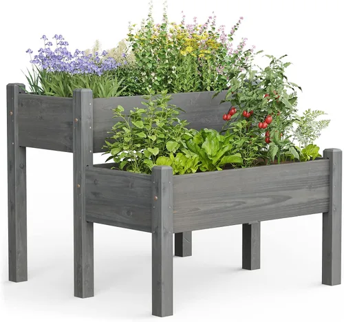 Giantex Juego de 2 camas de jardín elevadas, caja de madera elevada, kit de cama elevada para flores, verduras, frutas, hierbas, contenedor de Gris