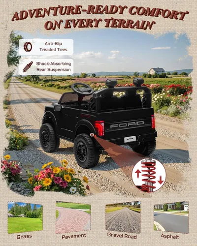 Miniatura 7 de First Ride On Juguetes de paseo de 24V para niños grandes, Ford F-150 Raptor con licencia de 2 asientos, auto de paseo para niños con control Negro
