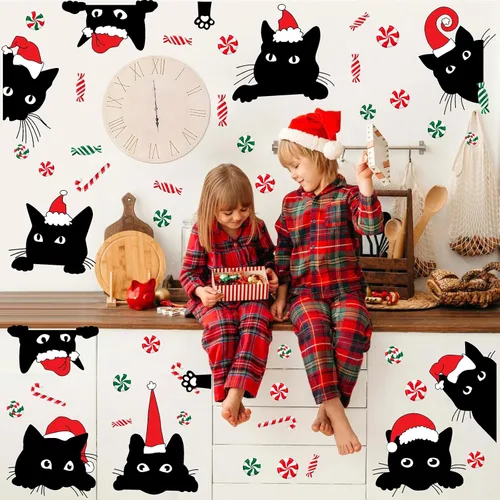 Miniatura 5 de Adhesivos de ventana de Navidad para ventana de Navidad, gato negro y menta, calcomanías de pared para decoración de ventanas de tienda de vidrio
