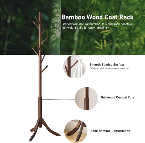 Miniatura 2 de kiplant Perchero de madera de bambú, árbol de abrigo independiente con 8 ganchos, organizador de sombrero de entrada para pasillo, dormitorio, Marrón
