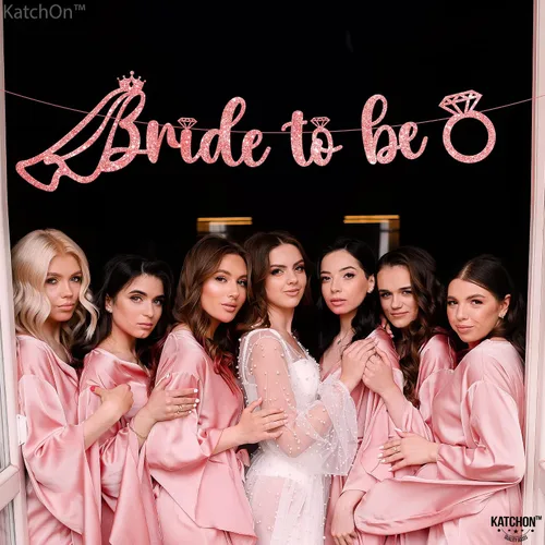 Miniatura 9 de KatchOn, Cartel con purpurina de oro rosa con la frase "Bride To Be" – Pre-encordado, 10 pies Letrero de novia con anillo para decoraciones