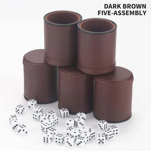 Miniatura 6 de Paquete de 5 vasos de dados de piel sintética con forro de fieltro de terciopelo con 25 dados de puntos para juegos de dados Yahtzee Farkle, marrón