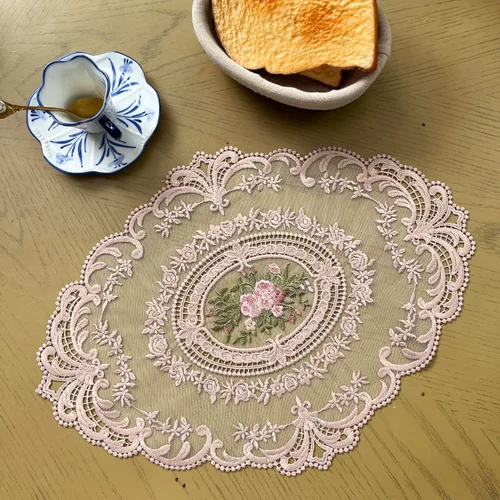 Paquete de 2 manteles individuales de encaje estilo francés retro bordados de moda para jarrón de 12 x 16 pulgadas (pasta de frijoles en polvo)