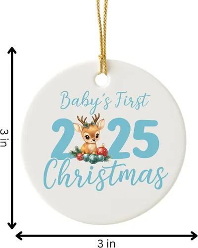 Miniatura 5 de Adorno personalizado para la primera Navidad del bebé 2025, recuerdo redondo de cerámica con nombre personalizado, decoración de árbol de Navidad