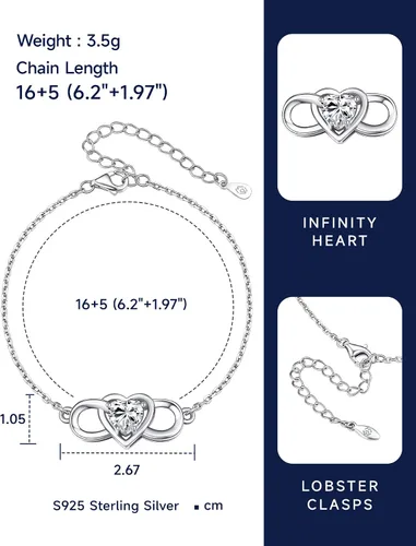 Miniatura 6 de MomentWish Infinity Heart Bracelet for Women, Moissanite Bracelet Gifts for Her, D Color VVS1 Simulated Diamond 925 Sterling Silver Infinity