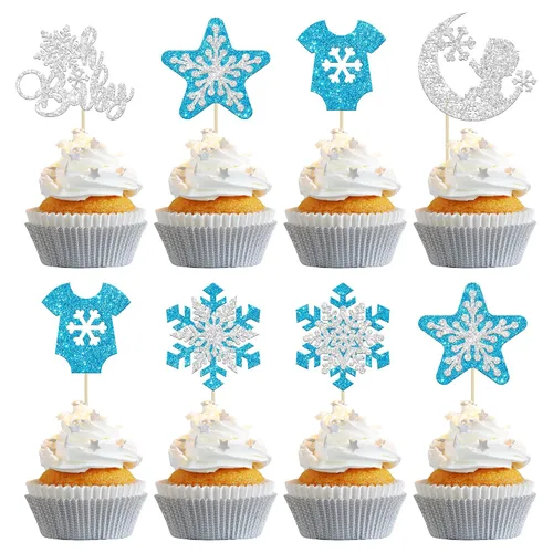 Miniatura 24 de Gyufise Paquete de 24 adornos de copos de nieve Oh Baby para cupcakes con purpurina azul Frozen Oh Baby Pick Decoraciones para baby shower