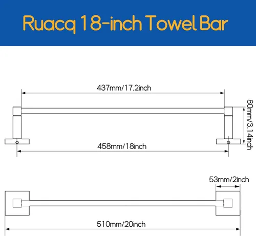 Miniatura 6 de RUACQ Barra para toallas de 18 pulgadas, Soportes para toallas para baño, Soporte para toallas de acero inoxidable 304 montado en la pared, Barra