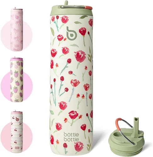 Miniatura 15 de BOTTLE BOTTLE Botella de agua aislada de 24 onzas con tapa de popote y asa para deportes, viajes, gimnasio, botellas de agua de acero inoxidable