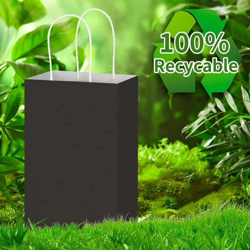 Miniatura 4 de Toovip Paquete de 100 Bolsas Pequeñas de Papel Kraft Negro de 5.25x3.25x8.25 Pulgadas con Asas a Granel, Bolsas de Papel de Regalo para Favores