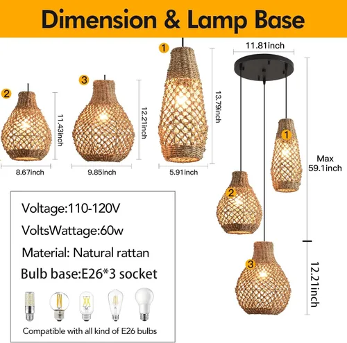 Miniatura 5 de Lámpara colgante de ratán de 3 luces, estilo bohemio, tejido de mimbre, costero, para colgar en el techo, para cocina, isla, sala de estar, comedor