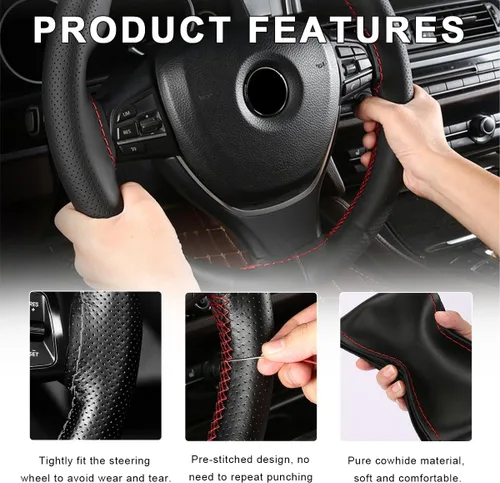 Miniatura 4 de Funda de Volante de Cuero Genuino, 15 Pulgadas, Transpirable, Funda de Volante Envolvente con Costura, Protector de Costura DIY Antideslizante