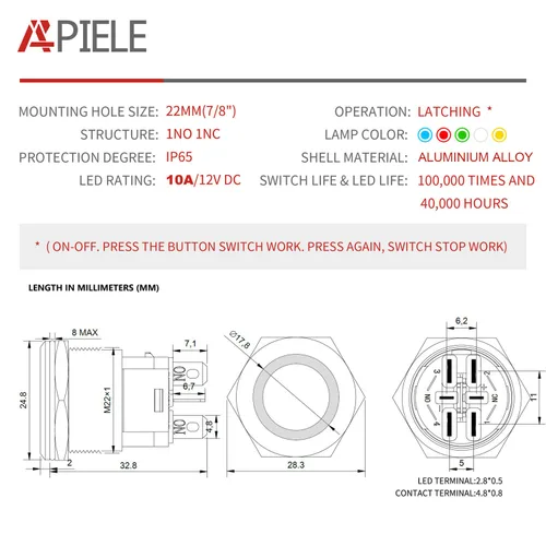 Miniatura 2 de APIELE Interruptor de Botón Pulsador con Pestillo de 10 Amperios 22mm 12V Ojo de Ángel LED Impermeable Aleación de Aluminio Redondo Autobloqueante