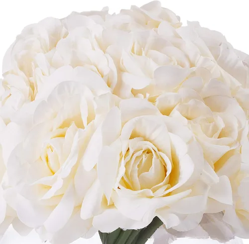 Miniatura 3 de Arreglo floral de rosas abiertas de seda de 21 cabezas en jarrón redondo de vidrio con agua sintética para decoración de centros de mesa de boda