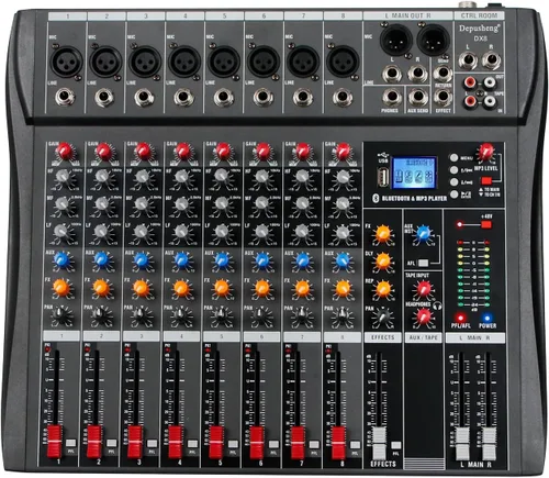 Depusheng Mezclador de audio profesional de 8 canales, tablero de sonido DX8, interfaz de sistema de consola de mezcla de DJ, entrada USB MP3,