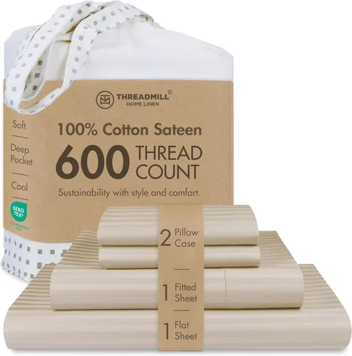 Miniatura 29 de Threadmill Sábanas de Algodón 100% para Cama Tamaño Queen - Juego de Sábanas Queen de 600 Hilos con Bolsillo Profundo de 16" - Juego de Ropa de Cama