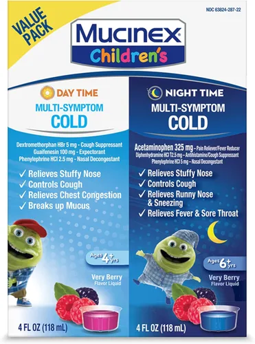 Mucinex Resfriado y Tos, Líquido Multi-Síntoma para Niños Día/Noche, Sabor a Bayas, 8oz (2x4oz) Alivia la Congestión Nasal y del Pecho, Diluye y