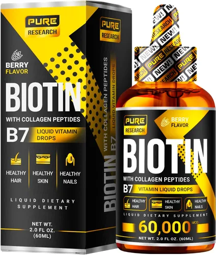 Gotas líquidas de biotina y colágeno para el crecimiento del cabello, 60,000mcg - Suplemento de biotina y colágeno líquido para hombres y mujeres -