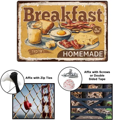 Miniatura 4 de 1 letrero de metal vintage de 12 x 8 pulgadas, placa retro para desayuno, huevo frito, queso, tocino, oliva, con 4 agujeros preperforados