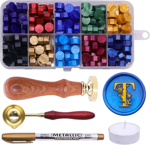 Miniatura 24 de SWANGSA Kit de sello de cera con letra inicial del alfabeto A, elegante sello de sellado de letras florales botánicas con 200 cuentas de cera