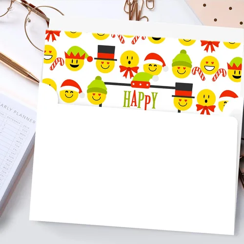 Miniatura 7 de Tarjetas de felicitación de Happy Holidays, rojo y verde, divertido patrón de emoji lindo, plegable en blanco para Navidad y Año Nuevo, 4.25 x 5.5