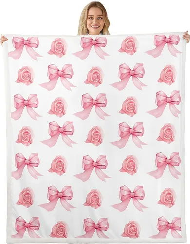 Miniatura 9 de Manta de franela de forro polar con lazos rosados femeninos de 40 x 50 pulgadas, manta mullida de corazones para el día de San Valentín para sofá