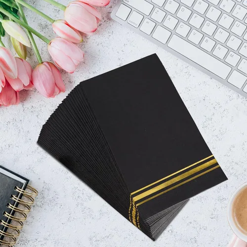 Miniatura 6 de 200 Servilletas de Papel con Ribete Dorado Negras Elegantes Servilletas de Cena, Servilletas de Invitados de 3 Capas con Papel Dorado Desechables