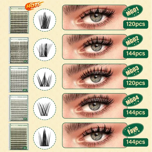 Miniatura 4 de KEYYOU Manga Lash Racimos de 144 unidades, rizo D, 0.315-0.700 pulgadas, extensiones de pestañas naturales para bricolaje, gruesas y finas con banda