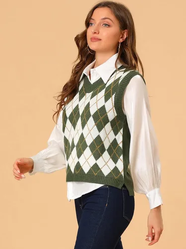 Miniatura 4 de Allegra K Suéter de punto Argyle a cuadros para mujer, Café