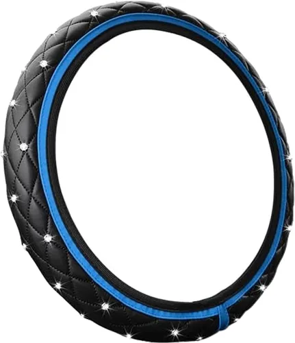 Miniatura 6 de Funda de cuero brillante para volante, 15 pulgadas, antideslizante, elástico, protector de volante con diamante brillante para mujeres y niñas, Azul