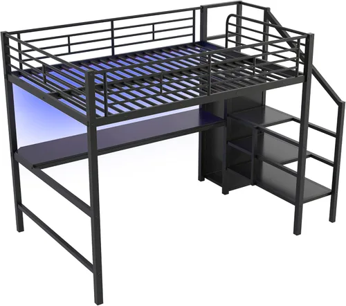 Miniatura 6 de Bellemave Cama tipo loft de metal de tamaño matrimonial con escritorio en forma de L, marco de cama tipo loft con luz LED, estación de carga