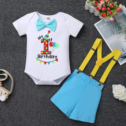 Miniatura 5 de Conjunto de traje de banderín para el primer cumpleaños de bebé niño, pajarita, pantalones cortos, tirantes en la espalda en Y, sesiones de fotos