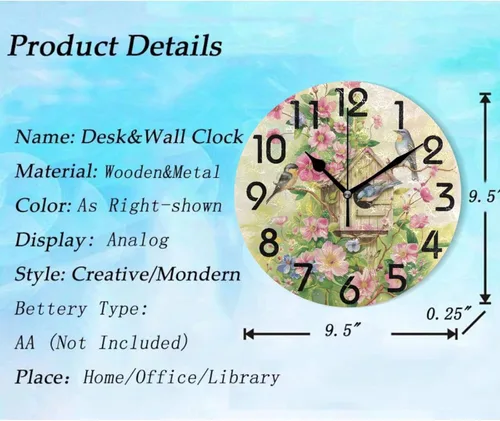 Miniatura 2 de Pretty Sping Flowers Birdhouse Family Birds Reloj de pared redondo, 10 pulgadas, analógico, silencioso, sin tictac, para el hogar, cocina, sala