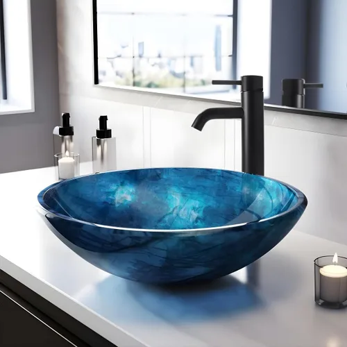 Lavabo de Vasija 16.5" Lavabos de Baño Vidrio Templado Azul Cuenco de Arte Redondo con Combo de Grifo Azul, Moderno Lavabo de Encimera tipo Cuenco