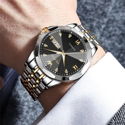 Miniatura 57 de OLEVS Reloj de pulsera automático con diseño de esqueleto para hombre, de lujo, con diamantes de lujo, de acero inoxidable, calendario, reloj