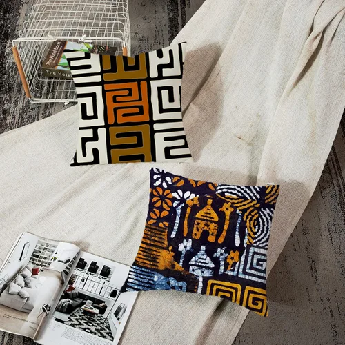 Miniatura 3 de ArtSocket Juego de 4 fundas de almohada naranja tribal Kuba inspiradas en la tierra, colores geométricos, étnicos, negro, marrón, barro, africano