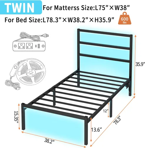 Miniatura 2 de CLIBFENG Base de cama individual con cabecero, soporte de listones de acero resistente, marco de cama LED con estación de carga USB, base de colchón