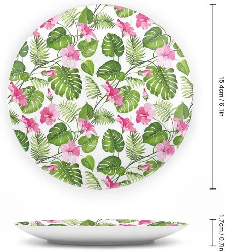 Miniatura 2 de XISUNYA Plato decorativo de 6 pulgadas, plato llano de hojas, hibisco hawaiano, cristal rosa, flor de palmera, estampado de hojas de palmera, adorno