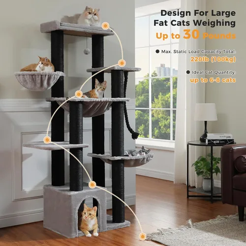 Miniatura 2 de MUTTROS Maine Coon Árbol para Gatos-67 Torre Grande para Gatos de Interior Gatos Grandes Adultos con 7 Postes Rascadores Negros Gruesos (φ4.3)