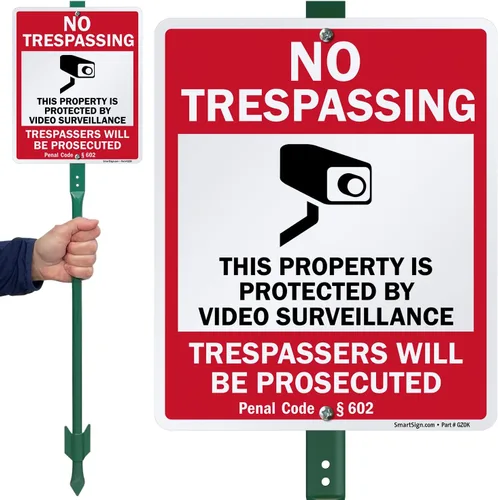 Miniatura 2 de SmartSign Letrero de 12 x 10 pulgadas, "No Trespassing - Propiedad protegida por videovigilancia, código penal § 602" con estaca de 3 pies, aluminio