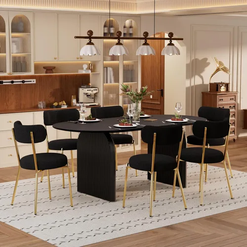 Miniatura 12 de Juego de mesa de comedor ovalada moderna de 70 pulgadas con 6 sillas de tela Boucle, mesa de MDF y base resistente a rayas, muebles de cocina