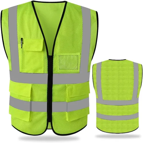 FEimaX Chaleco de seguridad de alta visibilidad, chaleco de trabajo reflectante de malla para hombres y mujeres con bolsillos y cremallera, cumple