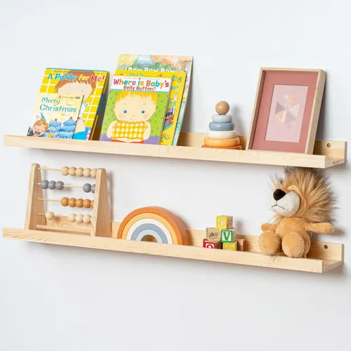 Miniatura 29 de FLYJOE Estante de repisa de fotos para pared, 24 pulgadas de madera de fresno maciza, estantes para libros de guardería, estantes flotantes