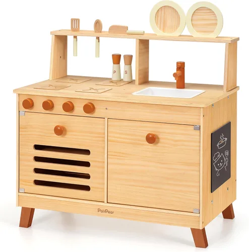 PairPear Cocina de Juego para Niños, Cocina de Juego Grande de Madera Natural para Niños con Accesorios de Simulación con Manualidades DIY y
