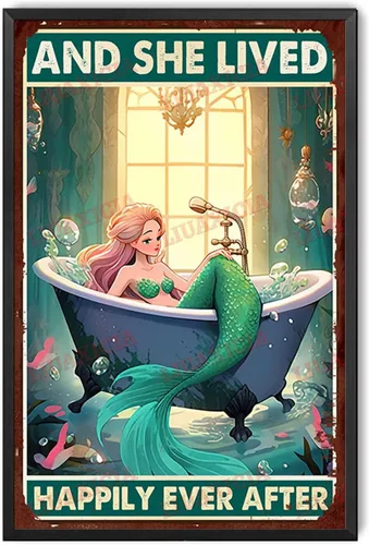 Miniatura 11 de LIUAXICIA Letrero de lata retro con diseño de sirena y ella vivió feliz para siempre, para decoración del hogar, 8 x 12 pulgadas, pintura de lata