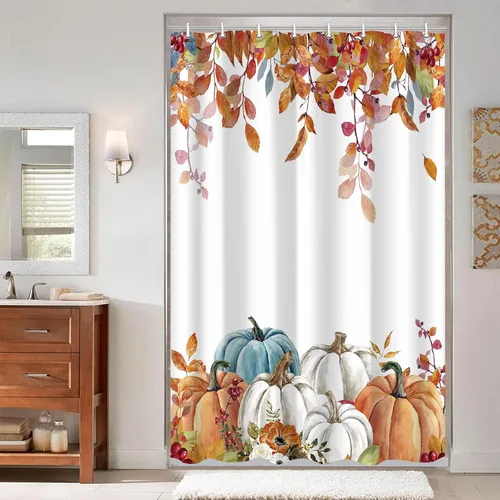Miniatura 14 de Cortina de ducha de otoño, decoración de baño de árbol de calabaza, 72 x 72 pulgadas, tela de poliéster, cortina de baño impermeable con 12 ganchos