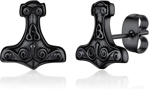 FaithHeart Norse Vikingo Jewelry - Aretes de tuerca de plata de ley de acero inoxidable, lobo celtamartillo de Thors para mujeres y hombres, Acero